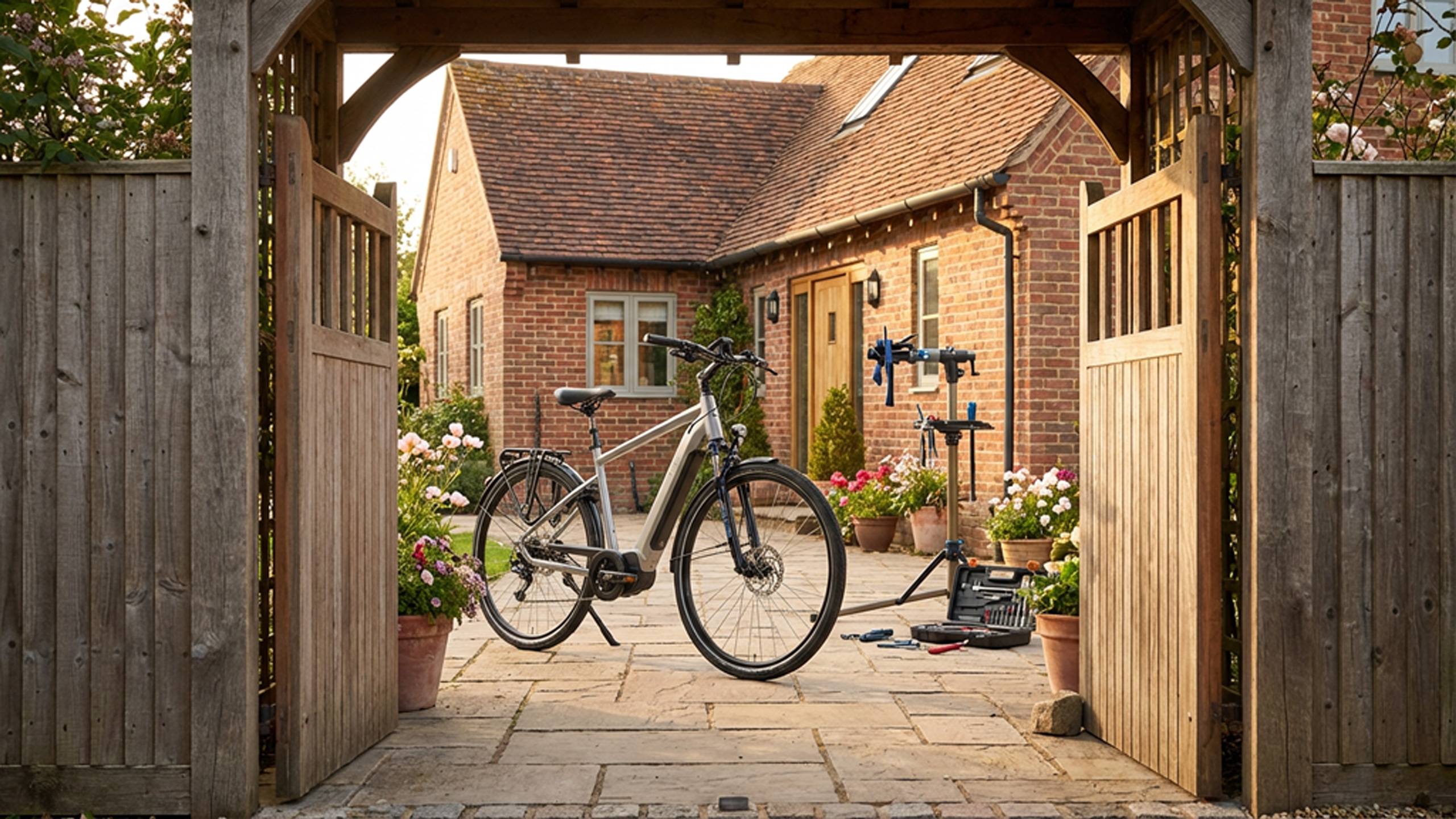 Rower elektryczny w garażu lub przy domu — e-bike zostaje u klienta, serwis przyjeżdża na miejsce; brak wożenia roweru i logistyki po stronie klienta.