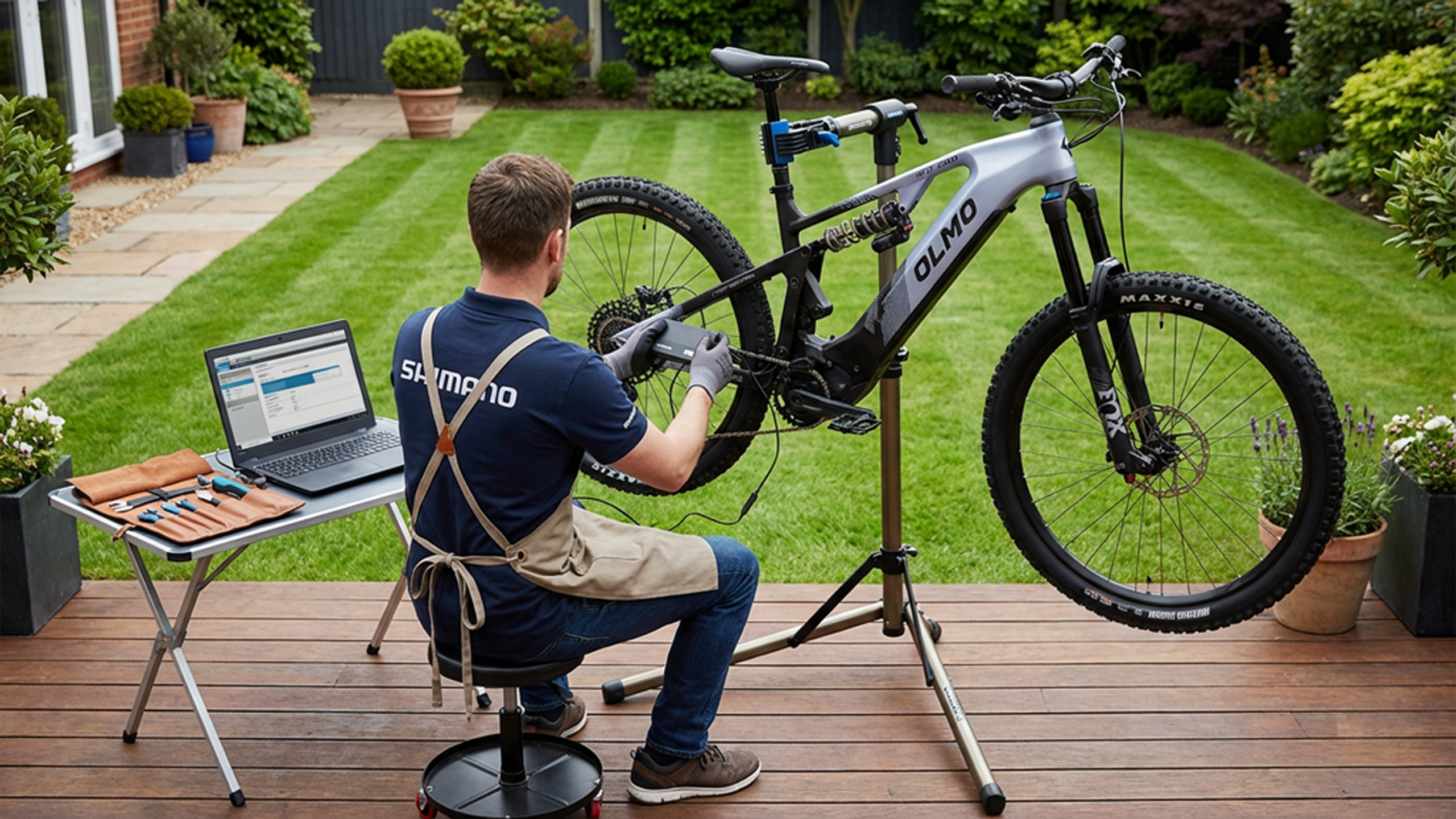 Serwis e-bike u klienta — profesjonalna obsługa na miejscu: rower na stojaku, narzędzia, spokojna realizacja usługi w garażu lub na podjeździe.