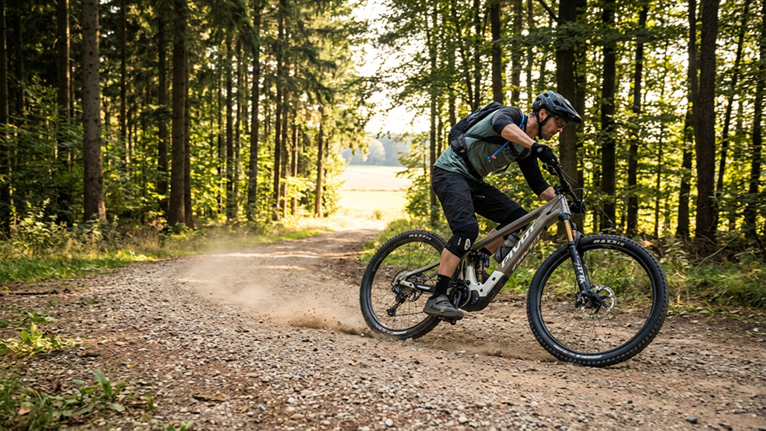 Trasa szutrowa lub leśna z e-bike w tle — jazda po szutrach i w lesie, gdzie limit 25 km/h szybko się odczuwa i konfiguracja wspomagania Shimano ma sens.
