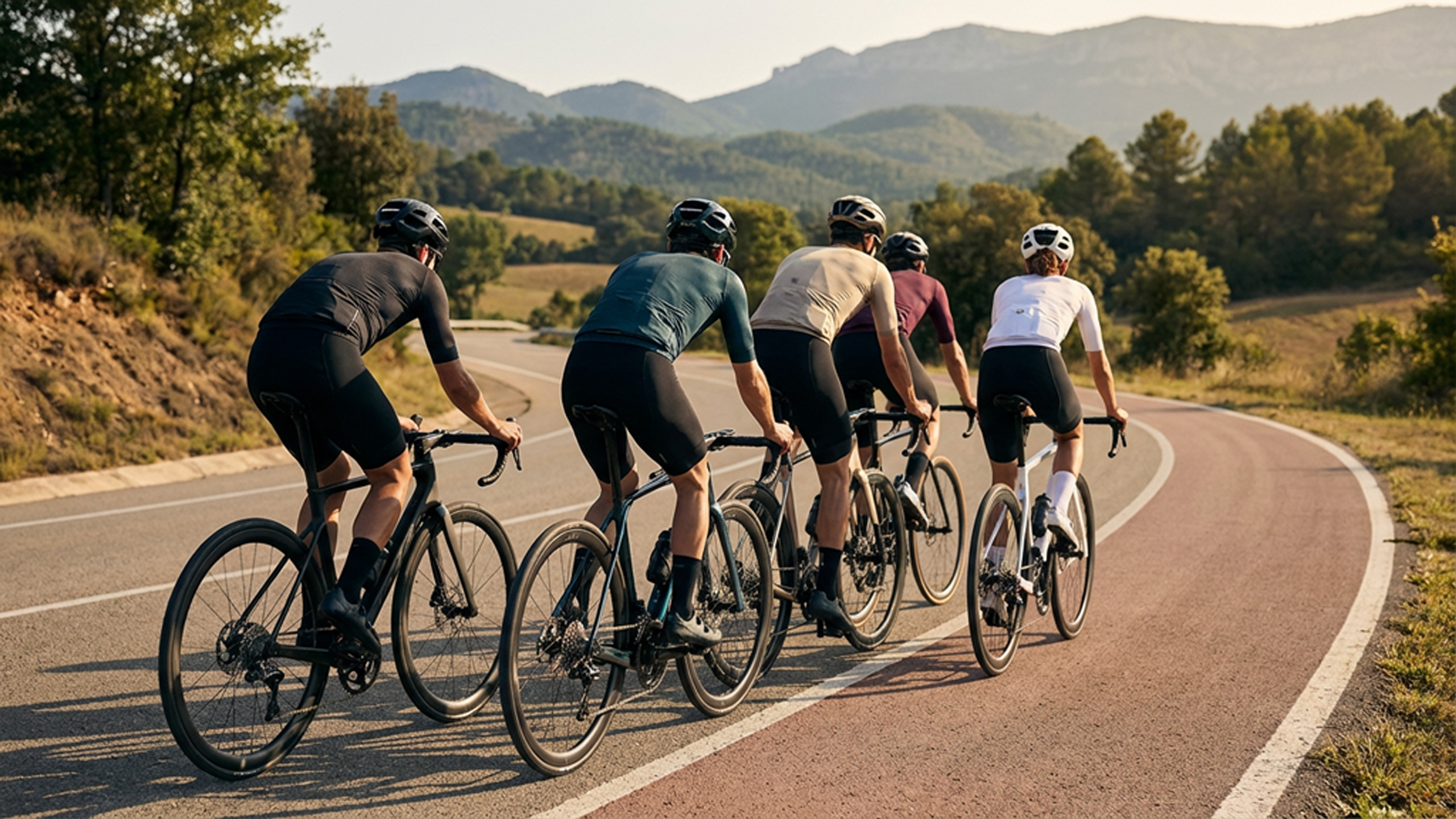 Grupa rowerów — e-bike i rowery analogowe — jadące w jednym tempie; konfiguracja limitu pomaga nie wypadać z rytmu.
