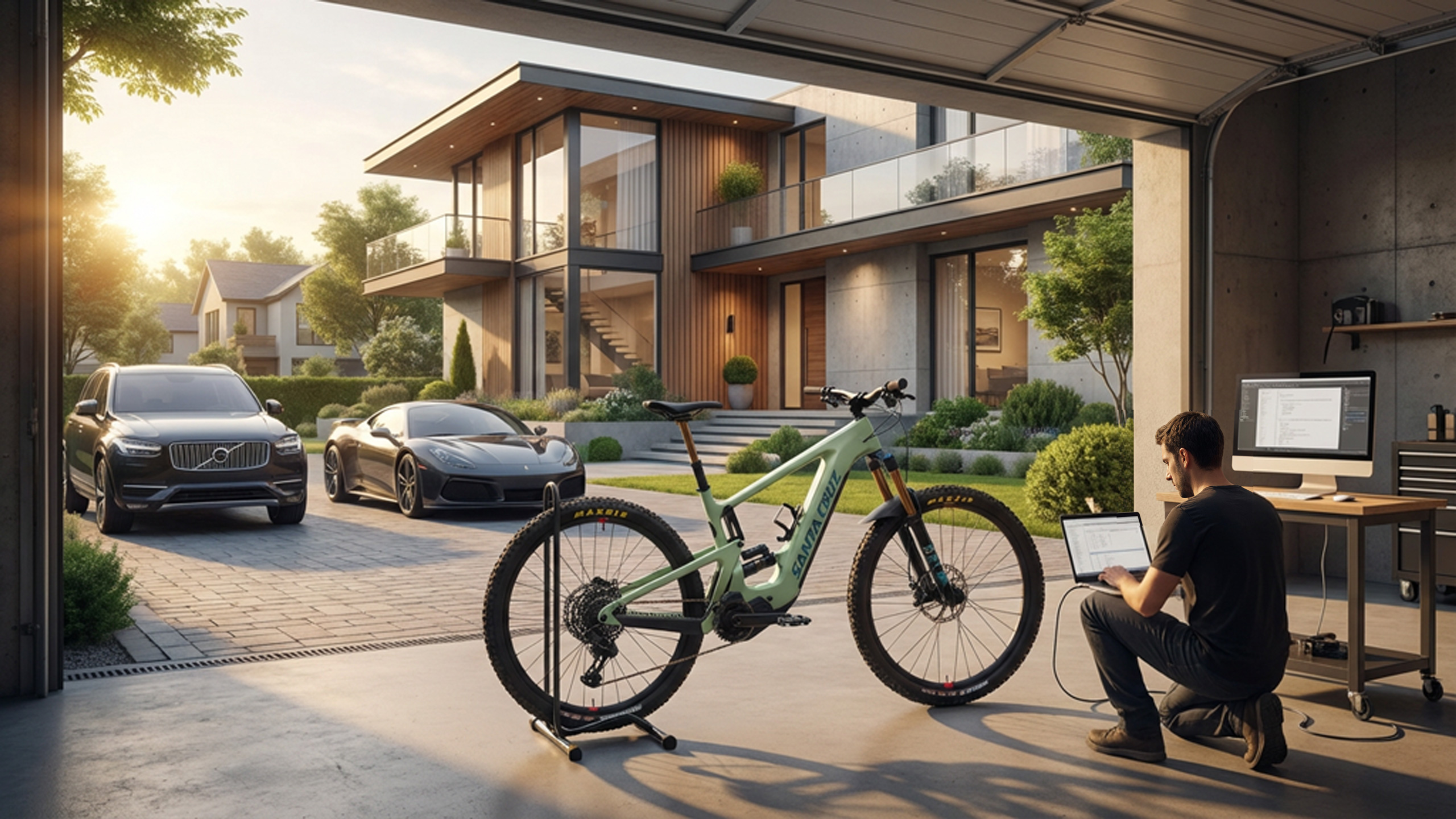 Auto pod domem lub przy posesji z e-bike obok — serwis z dojazdem do klienta; konfiguracja Shimano bez wożenia roweru.