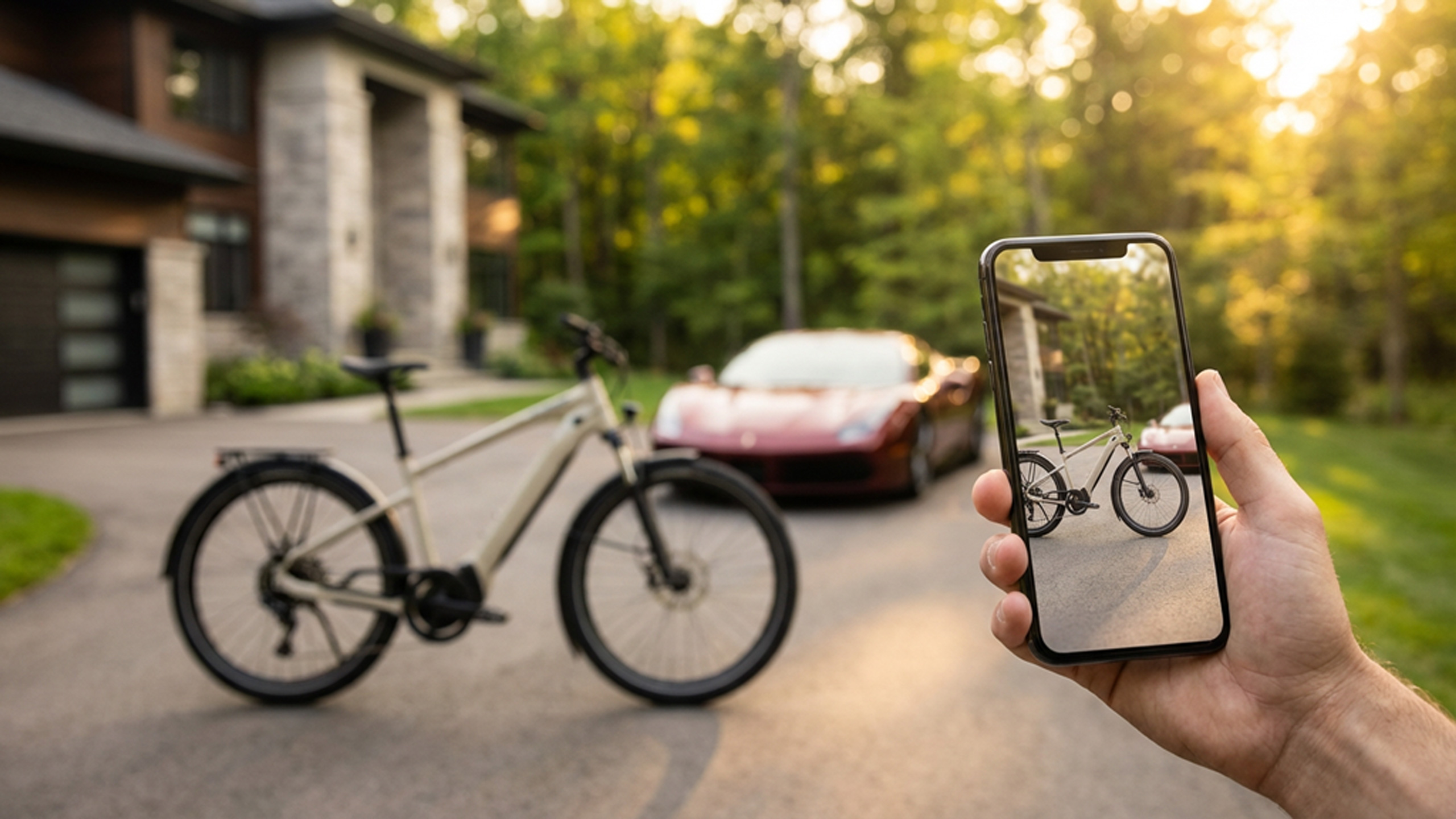 Smartfon w dłoni z wyświetlonym zdjęciem jednostki napędowej lub tabliczki znamionowej roweru; w tle rozmyty e-bike — kadr sugerujący zrobienie zdjęcia i wysłanie w formularzu.