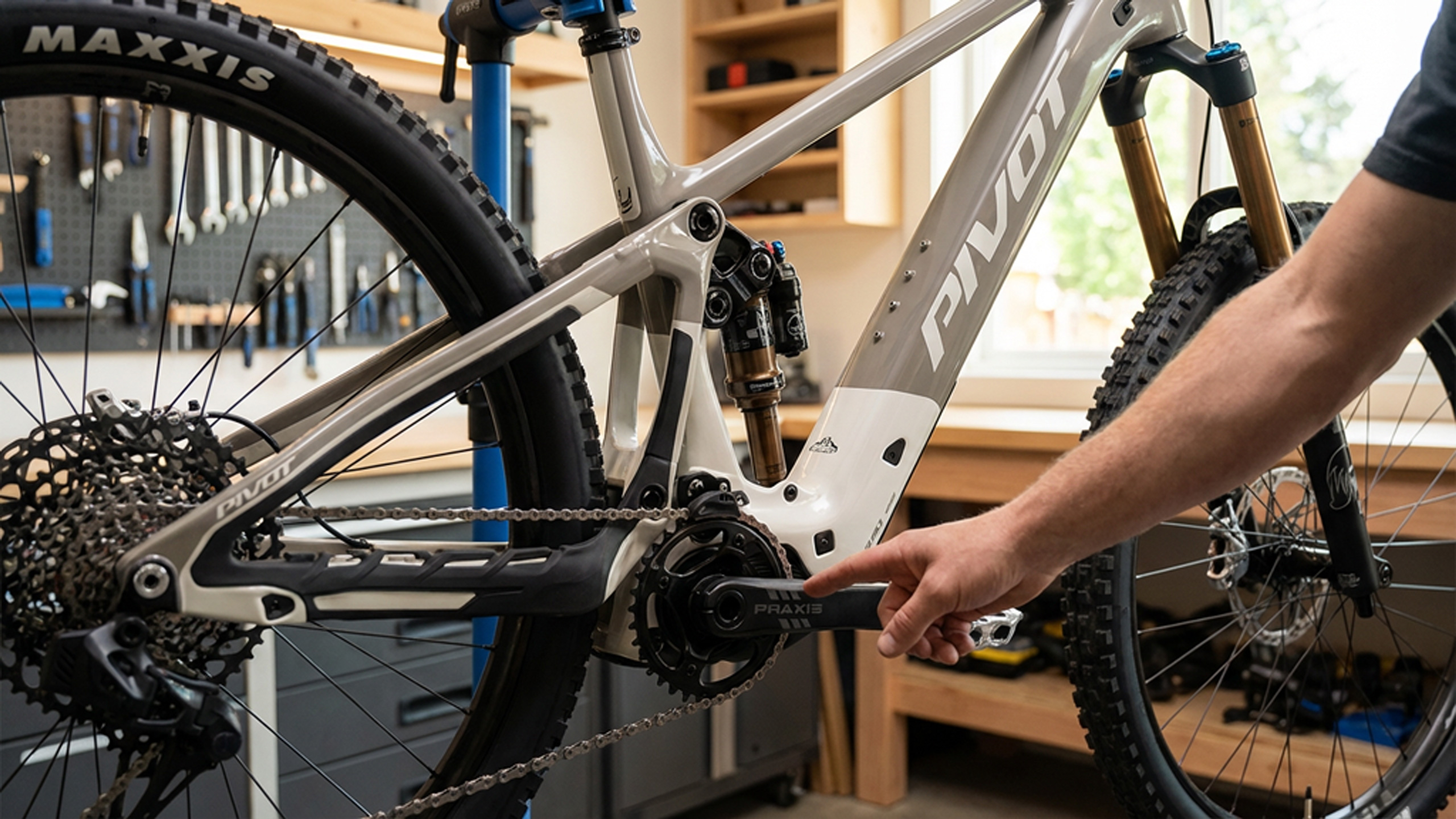Rower elektryczny w czystym otoczeniu (warsztat lub garaż), dłoń wskazująca na okolicę silnika lub tabliczki znamionowej — tutaj sprawdzić model napędu Shimano.
