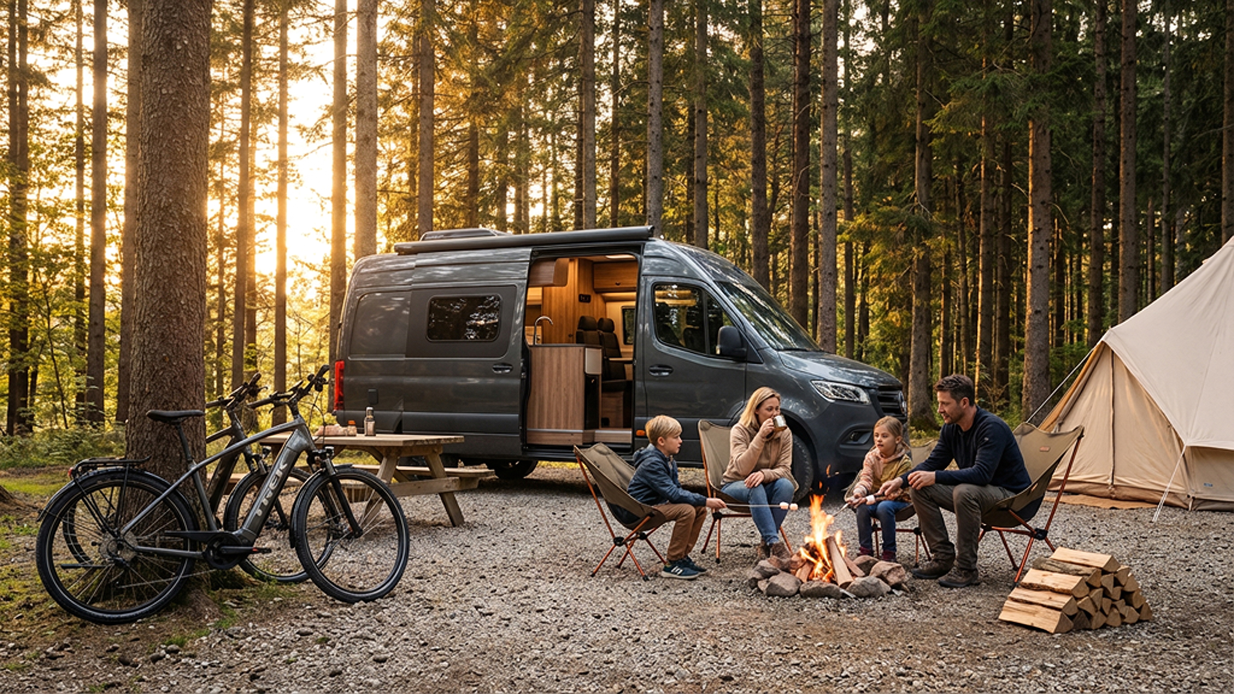 Rodzina na trekkingu z e-bike przy kamperze w lesie — konfiguracja Shimano